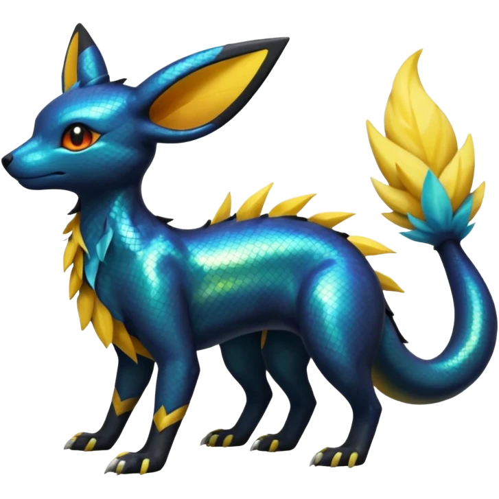 Shiny Iridescent Helioptile-Salandit-Umbreon-Flareon-Jolteon-Fakémon-hybrid-creature (full body)  emoji