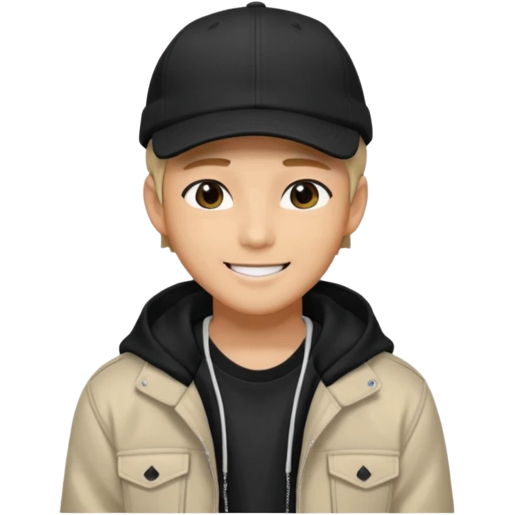 Portrait of a male K-pop idol, wearing a stylish streetwear outfit with layered clothing, makeup, wearing a black cap, happy emoji