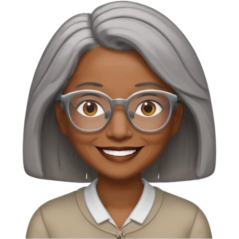 Older woman of color with gray shoulder length  hair and glasses and smiling emoji