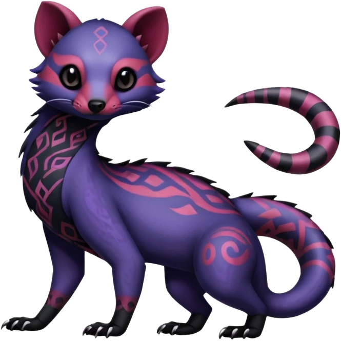 Rare warm-colored exotic gloomy tropical edgy cute epic aesthetic spooky indigo violet purple black red gothic colorful Salandit-Civet-species-Fakemon-hybrid-creature, with tribal tattoo markings, full body emoji