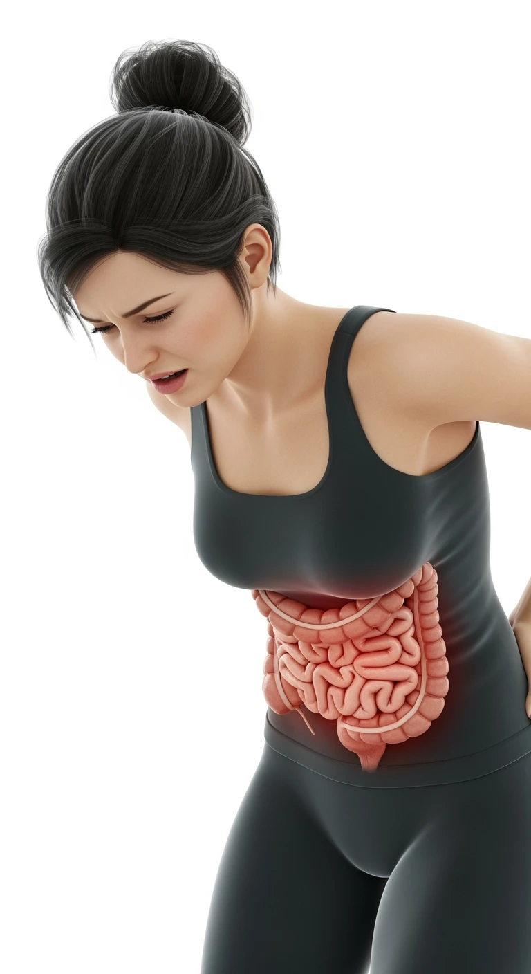 donna giovane piegata in avanti con mal di pancia e INTESTINO UMANO ANATOMICO IN EVIDENZA, iperrealistica 4k, ISOLATA SU SFONDO BIANCO emoji