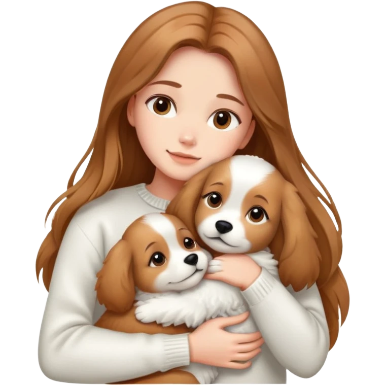 a girl with long light brown hair, in a white sweater, hugs a cute one dog. emoji