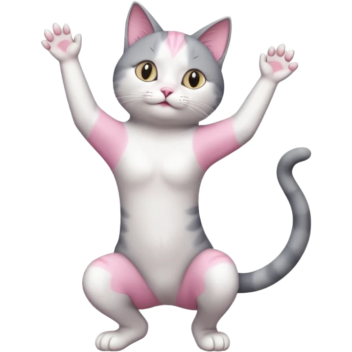 grey and white cat doing a big long stretch reaching up into the air with arms and legs together emoji