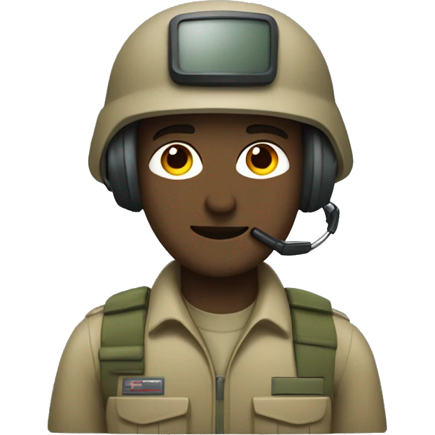 operator dressed in khaki color with a milatary helmet, without glasses, ready to respond to alerts, preferably male emoji