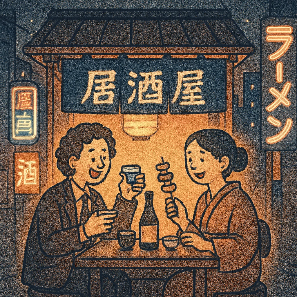 Two people dining at a traditional Japanese izakaya street stall, surrounded by neon signs, enjoying sake and yakitori skewers under the evening sky emoji