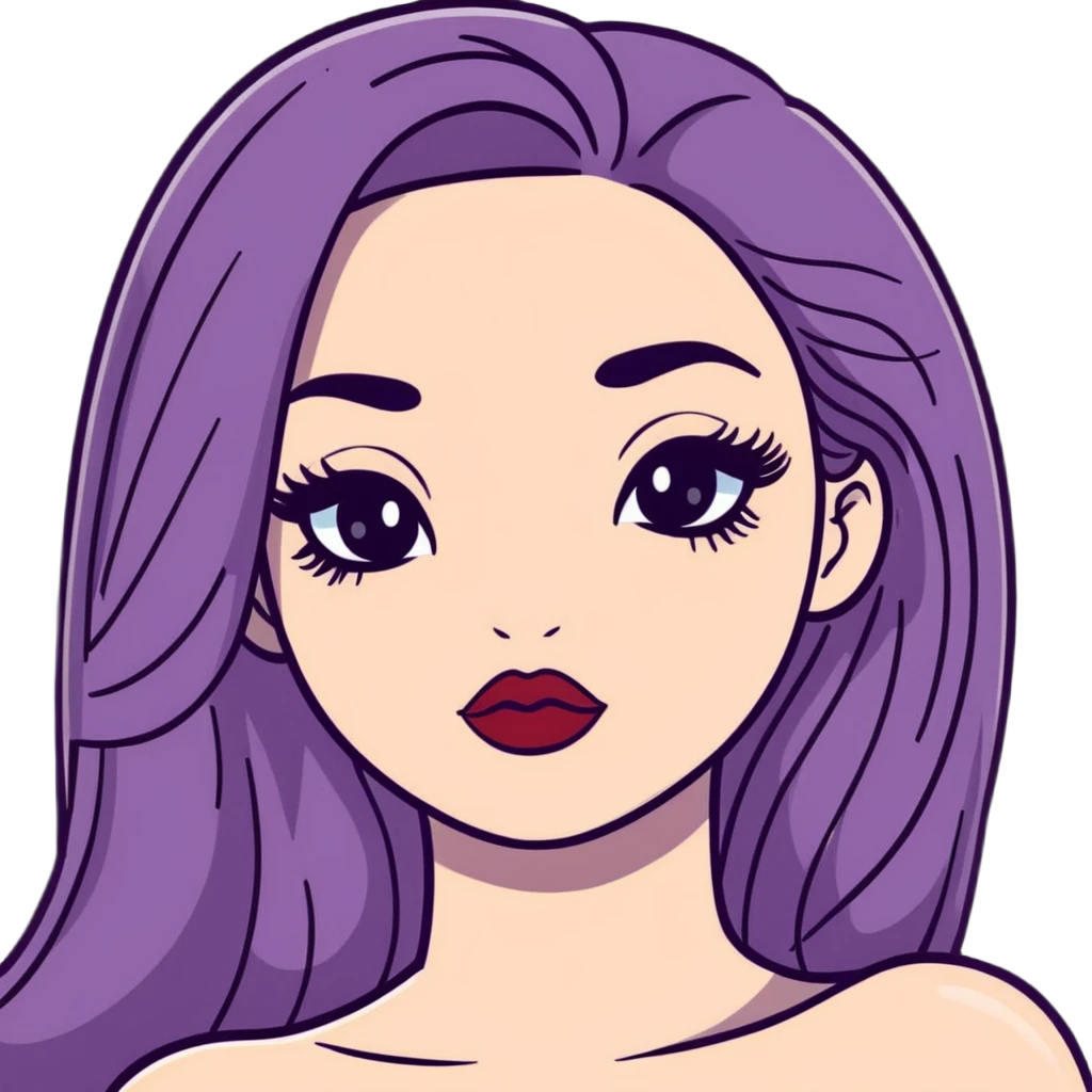White girl with long oval face, huge round black eyes, big eyelashes, heather berry colored lips, shiny full lips, face closeup with bare shoulders, long straight middle-parted hair emoji