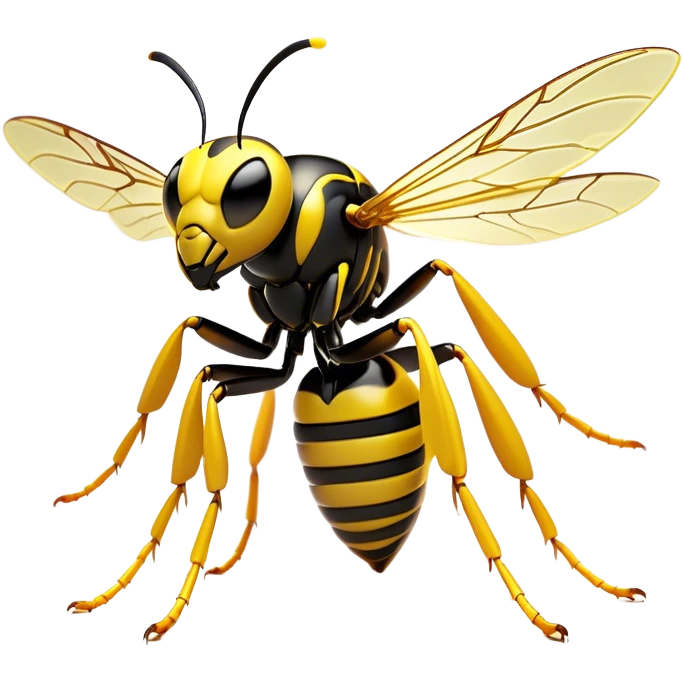 Cinematic Noble Wasp Portrait Emoji, Poised and formidable, with a sleek, slender body in bold yellow and black hues, angular, translucent wings and sharp, focused eyes exuding determined intensity, Simplified yet strikingly defined features, highly detailed, glowing with a cool, assertive radiance, high shine, intelligent and vigilant, stylized with an air of natural precision, focused and alert, soft glowing outline, capturing the essence of a watchful wasp that appears ready to buzz out of the screen with commanding presence! emoji