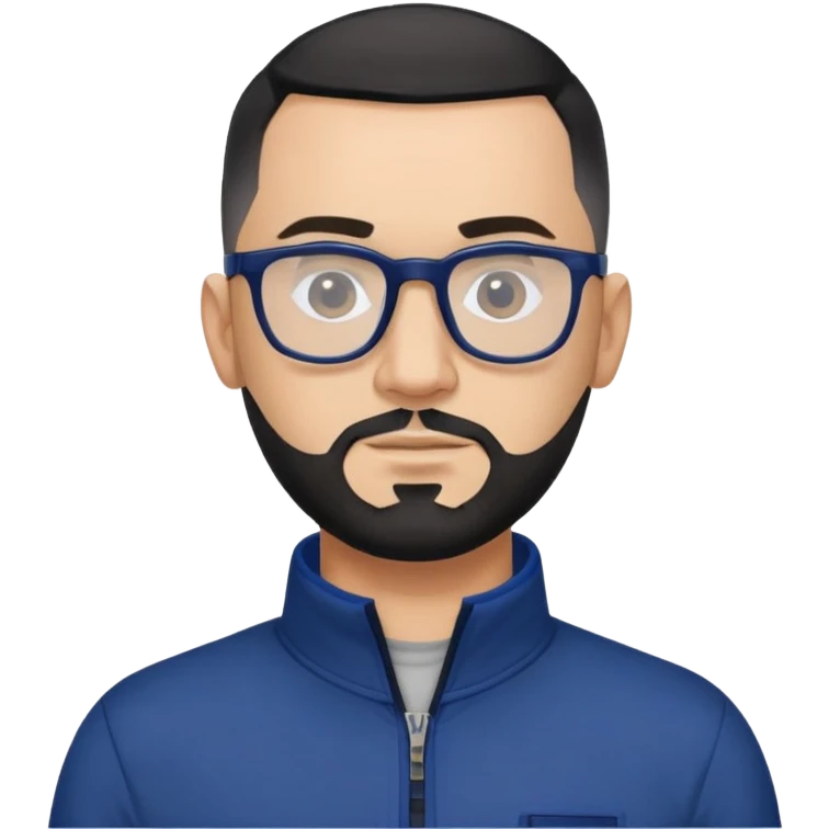 Light-skinned 40-year-old male with buzzcut black hair, gray short beard, black-framed glasses, navy blue zip-collar sports long sleeve shirt emoji