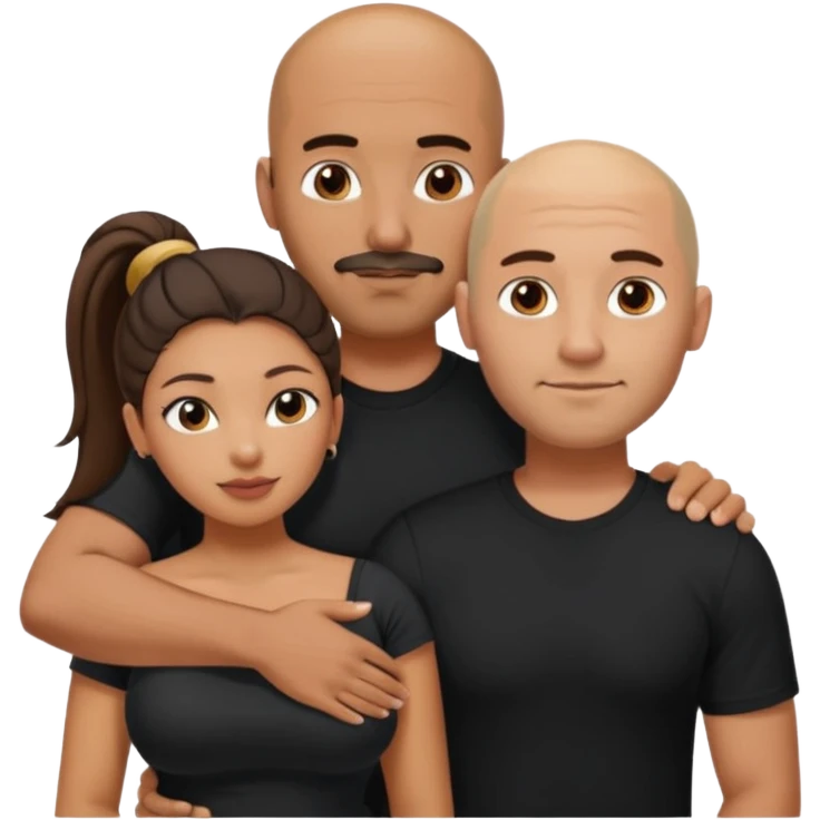 A picture of a tanned couple with the man's arm around the woman. the man is a Mexican man with tanned skin, a bald hair cut, short beard and wearing a black shirt. the woman is mixed, with curly hair in a pony tail, with big boobs  emoji