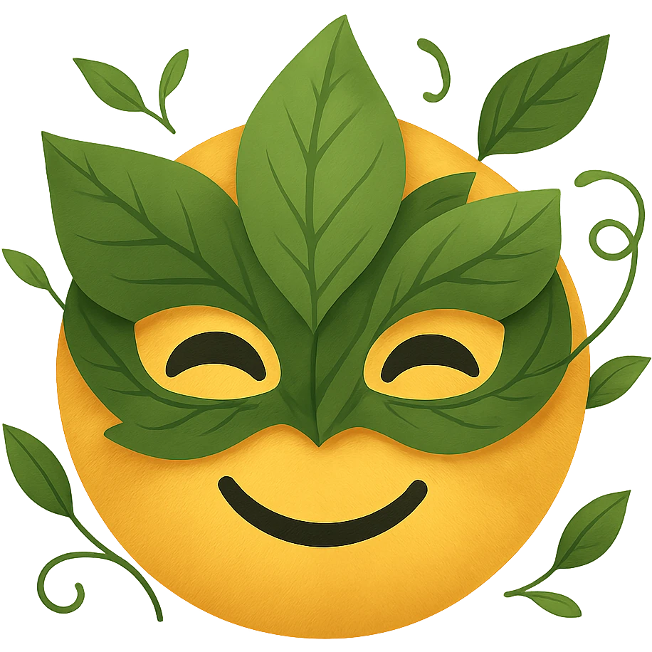 yellow face with leaf mask, nature theme, digital illustration emoji