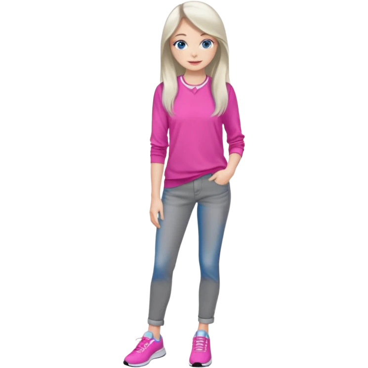 beautiful girl with long fair hair, blue eyes, in a vivid pink blouse, grey jeans and white trainers emoji