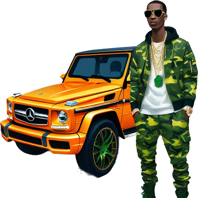 rapper,Young Dolph luxury clothes,blue diamond chain on,near his car, just opened drivers side car door to his all orange and green colored,whole car painted army camouflage, Mercedes G Wagon emoji