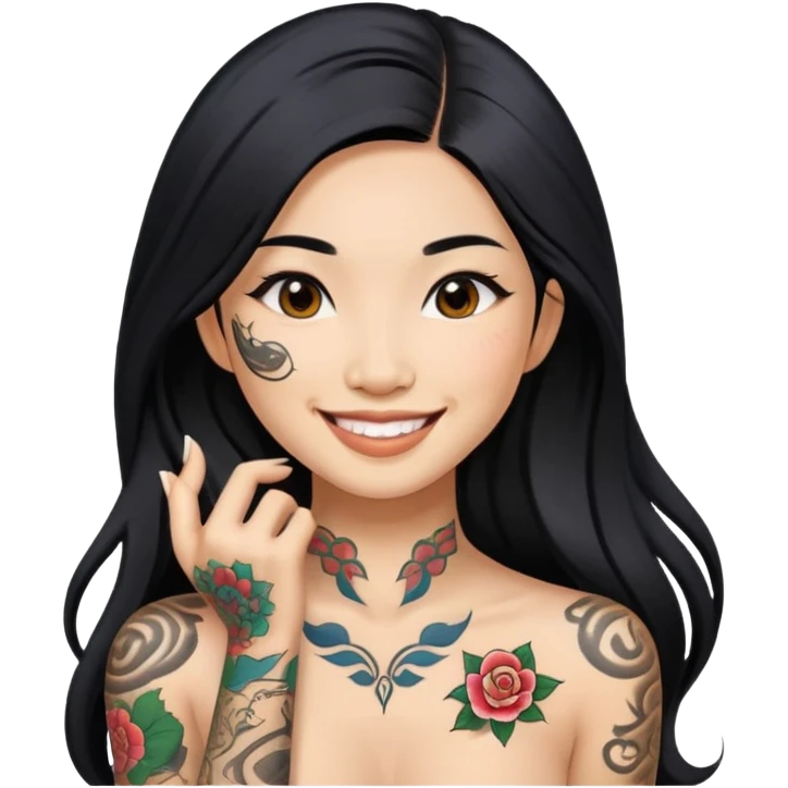 Beautiful Asian woman with long black hair and body tattoos only I ntimate sfw emoji