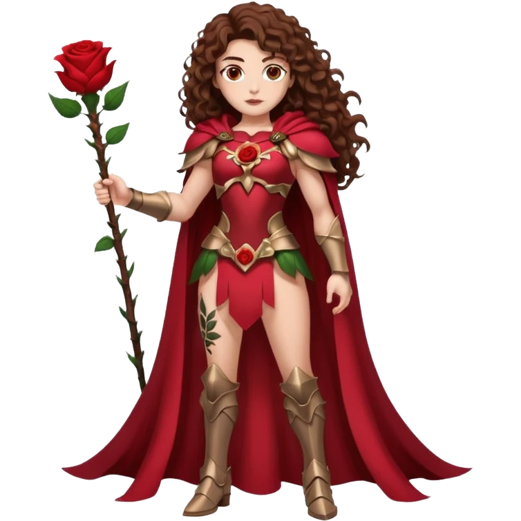 full body woman long curly brown hair brown eyes white skin tattoos muscular build rose thorn armor and petal cape emoji