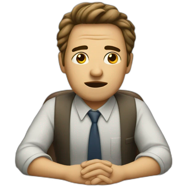 Tired of working man sitting behind the desk with hands behind the chair and doing sigh emoji