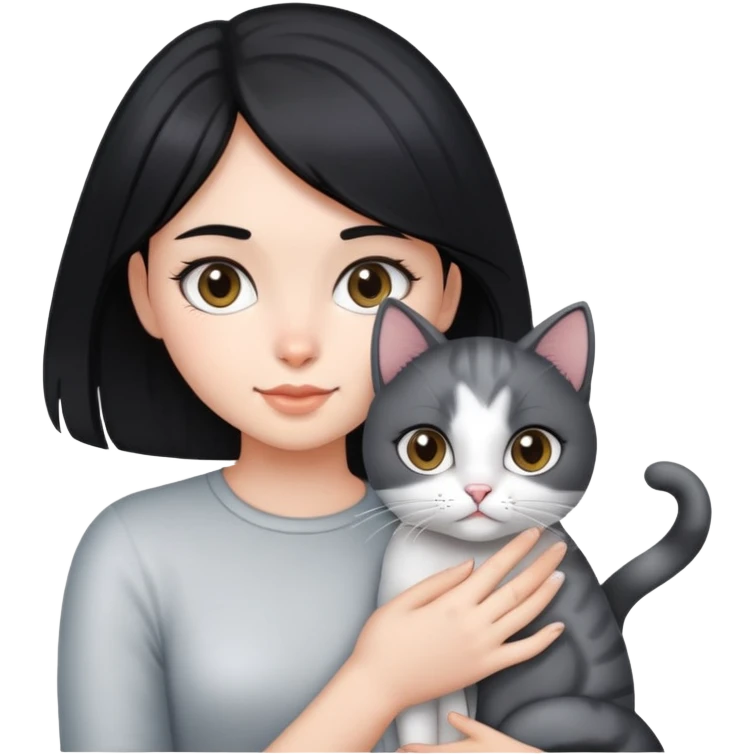A black-haired girl holding a silver-colored cat emoji