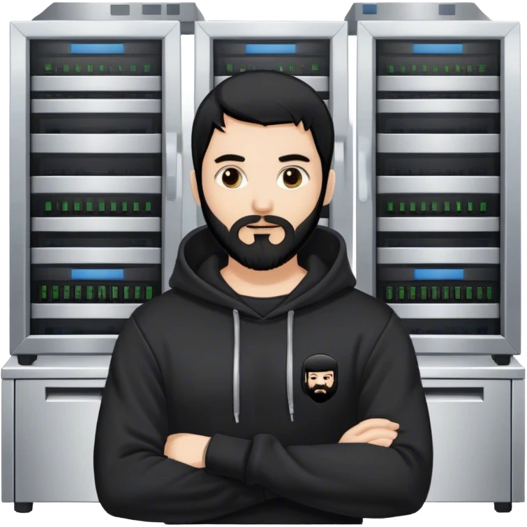hackeur blanc cheveux noir barbe et capuche noir à côté d'un server emoji
