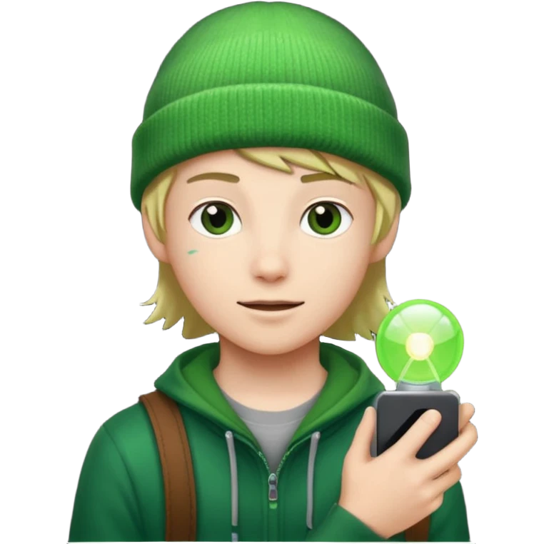 Teen hero in green beanie, holding glowing gadget.



































 emoji