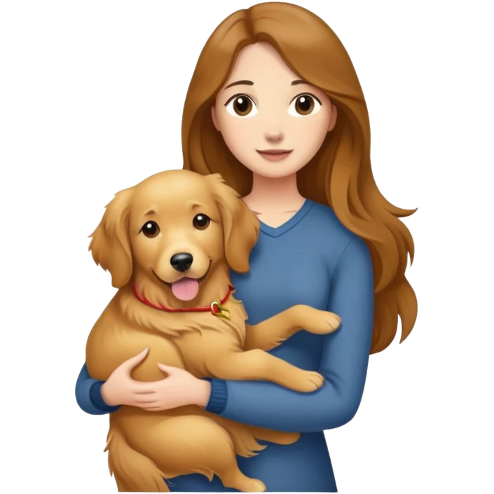 woman with long brown hair holding a golden retriever dog in her arms emoji