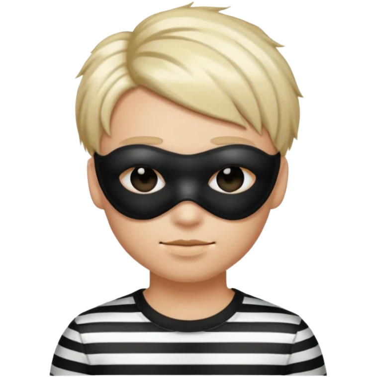 Realistic ios emoji-style portrait of a classic burglar, a black eye mask and a black-and-white striped shirt. Highly detailed, natural skin texture, soft cinematic lighting, realistic shadows, smooth gradients, clean outline, glossy reflections in the eyes. emoji-like hair emoji