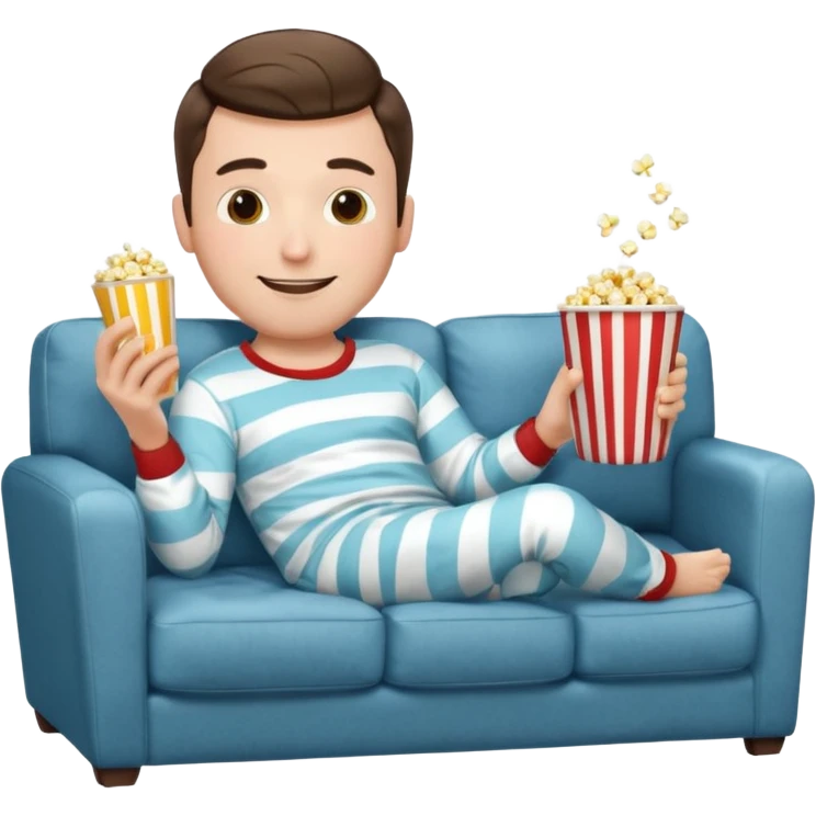 male memoji, lazy man in pajamas, lying on couch, holding TV remote, relaxed face, casual home vibe, popcorn bucket emoji