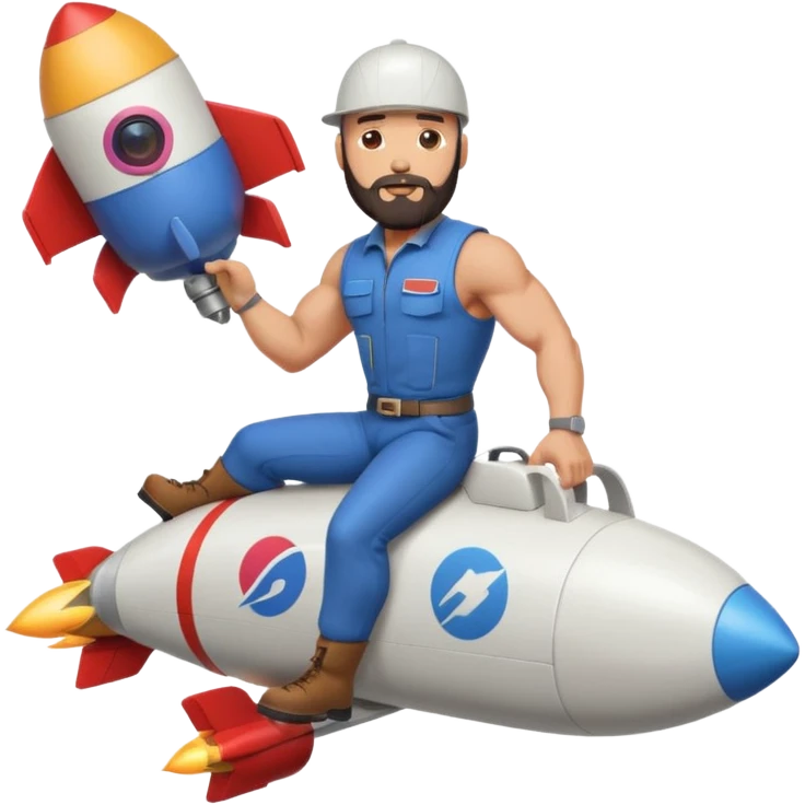 Bald muscular guy with beard and backwards cap, riding rocket, holding Instagram logo, papers trailing behind, minimal style emoji