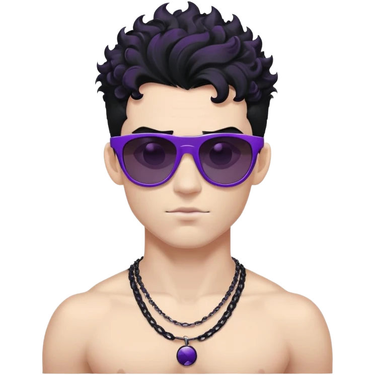 shirtless male athlete with white skin and moderately curly black hair on top with shaved sides, wearing purple sunglasses with very dark heavily tinted black lenses that completely hide the eyes, and a plain black chain necklace emoji