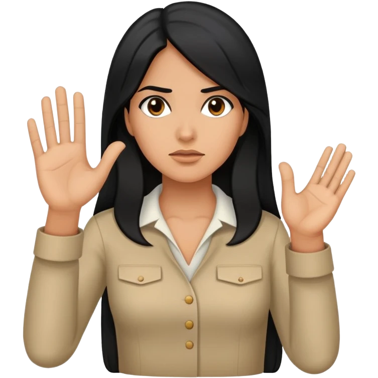 Hispanic woman with long hair, determined, one hand out motioning to stop emoji