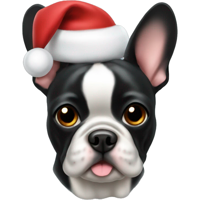 A black Frenchie with a Christmas hat emoji