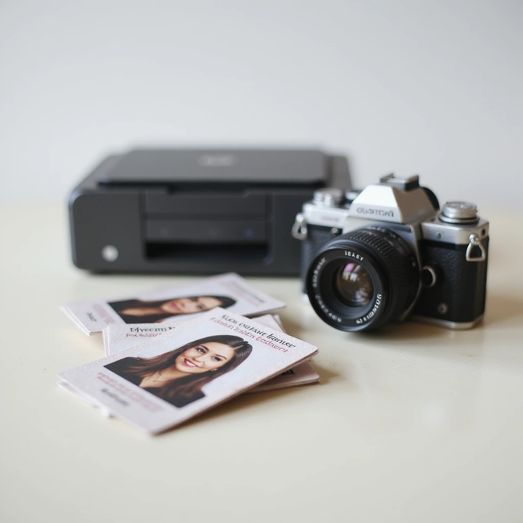 realistic thumbnail image for a passport size photo printing service, showing a stack of passport photos, a camera, and a printer on a clean background emoji