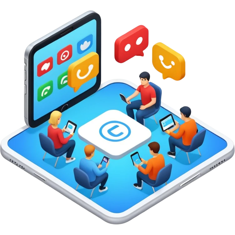 isometric, image of multi-channel experience with Teams, Mobile, Chat, Portal emoji