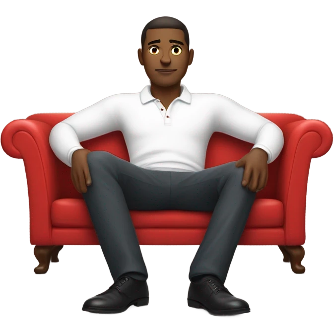 man in psychoanalysis laying down on a red couch in a long sleeve white polo shirt, chest up clean shaven, laying flat across couch, arms at side emoji