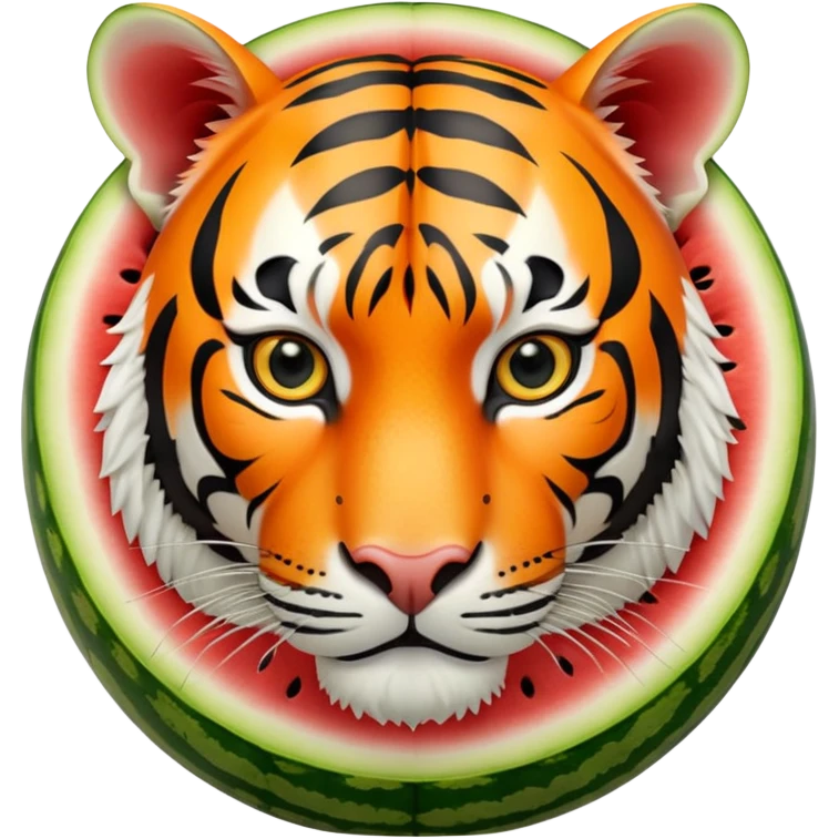 A round watermelon with green rind and a realistic tiger head attached to it emoji