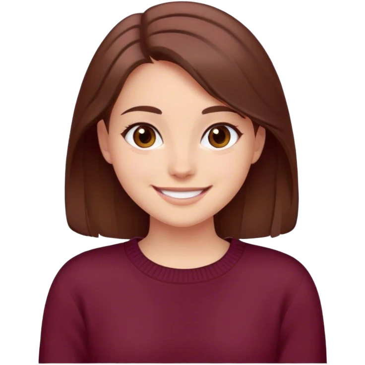 A girl with brown hair smiles, gray-brown eyes, wearing a burgundy sweater emoji