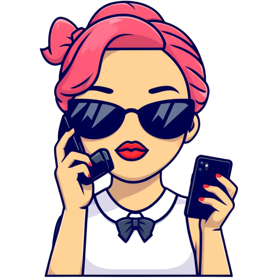 Girl with huge lips, sunglasses, bow on her hair, holding a phone with attitude emoji