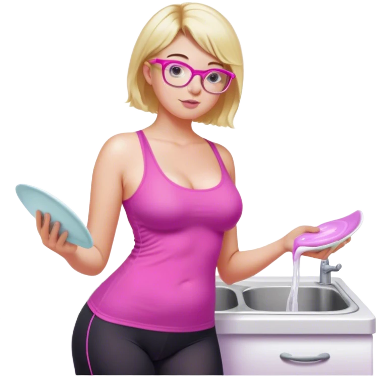 Curvy fair skinned woman, freckled skin, short blond hair, small light purple reading glasses, washing dishes, short flowing sheer hot pink tank top, without undergarments SFW, black yoga pants, thick booty emoji