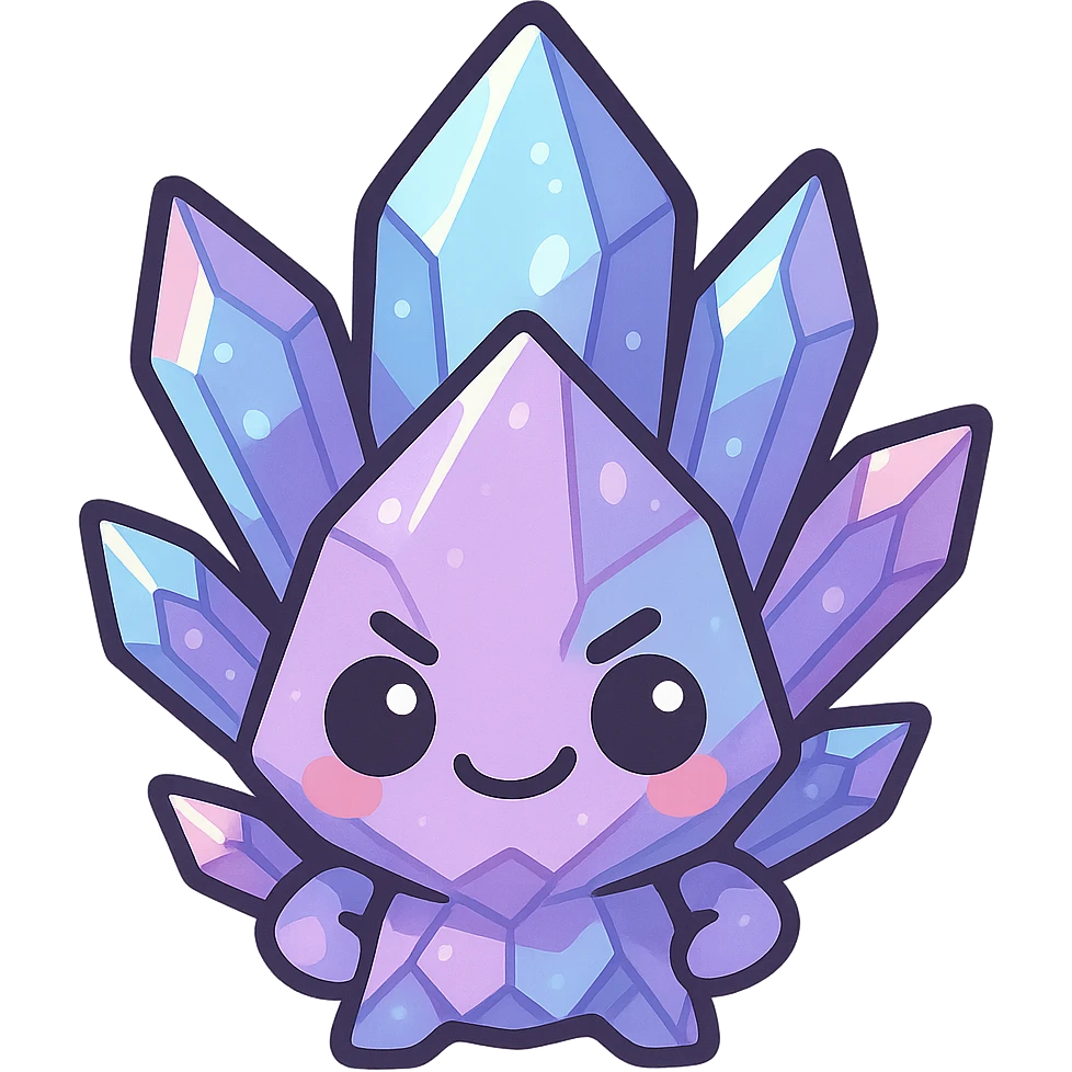 kawaii style emote of a crystal sprite creature, purple, blue, and pink, mischievous expression emoji