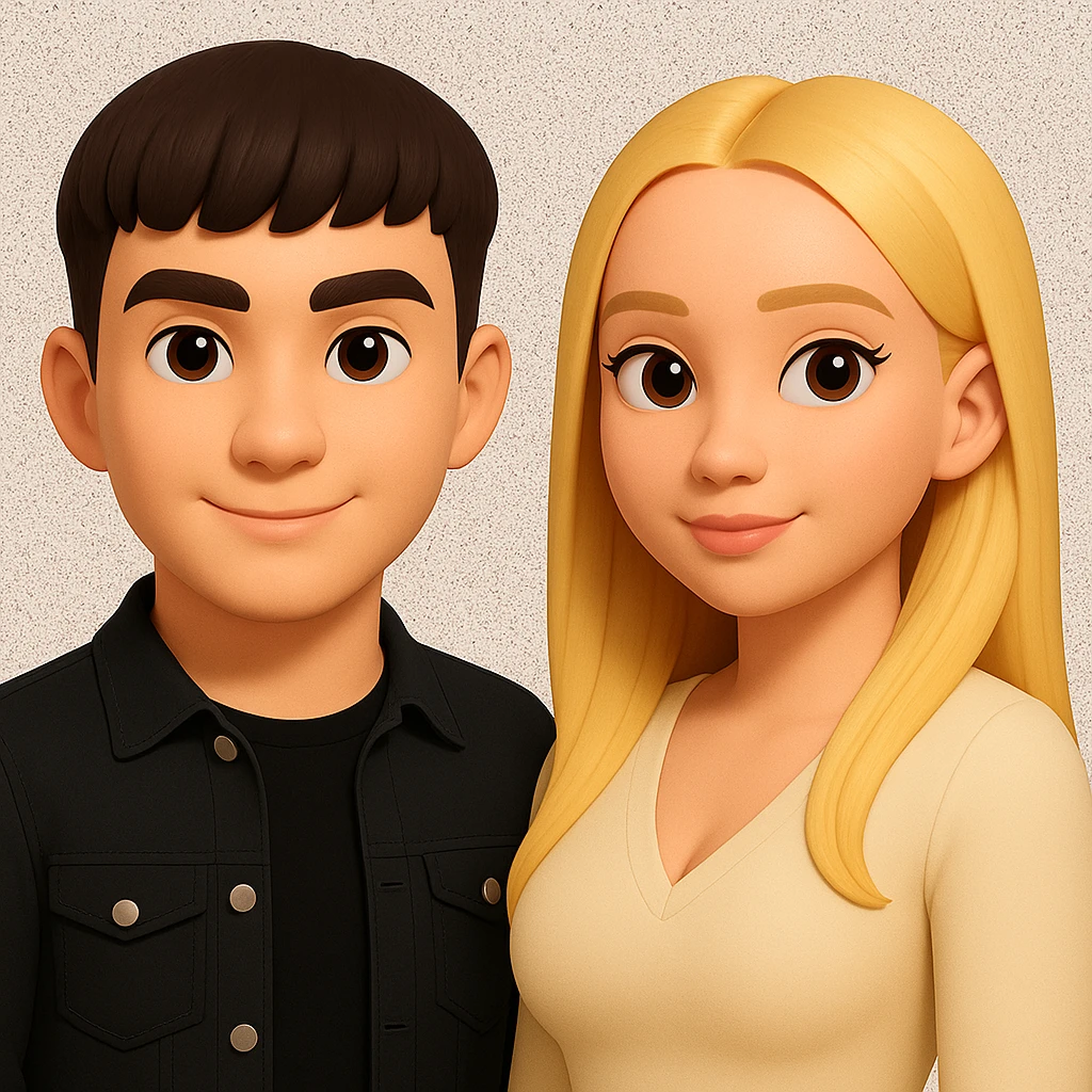 Slightly increase the volume of the upper body of the girl, separate the girl and the boy from each other, and make the skin color the same for both characters. Maintain the cartoonish 3D style as in the reference image. emoji
