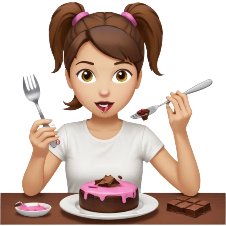 yellow-skinned woman with brown hair in a ponytail, wearing a white T-shirt. She’s sitting at a table, licking chocolate off a knife and holding a 'Banado' jar. On the table: a plate with crumbs, a fork, a glass of dark drink, and a pink lid. Simple brown background. emoji