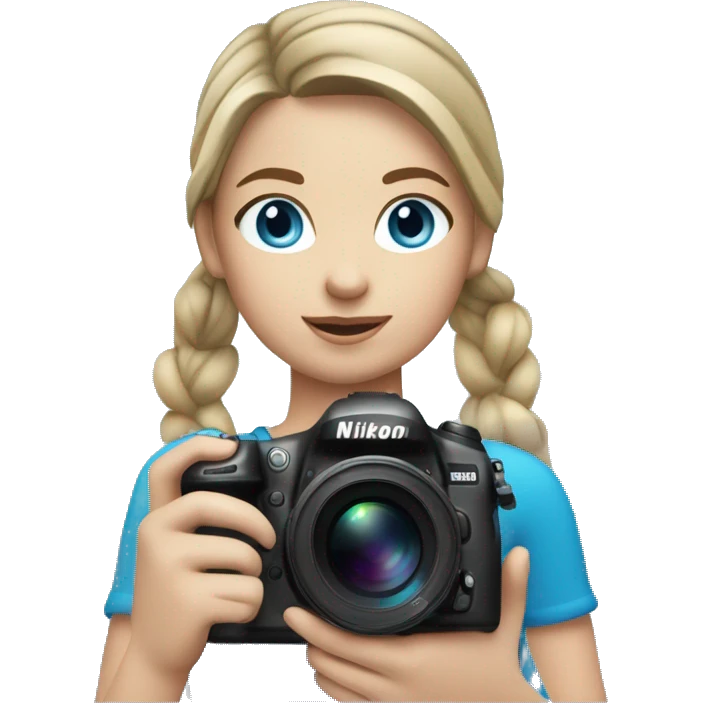 Girl with dark blonde loose ponytail and BLUE eyes Holding a Nikon Camera in her hands emoji