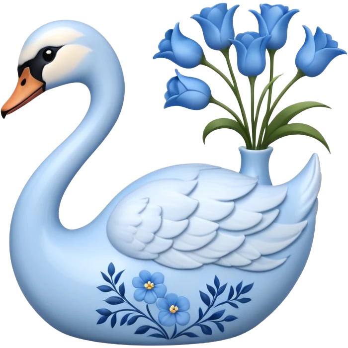 Light blue swan shaped vase with blue flowers in it emoji