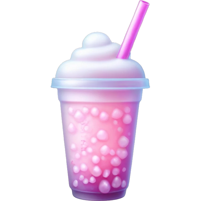 Frosted Bubble Tea "A pastel pink bubble tea with a frosted cup design, shiny ice cubes, glowing tapioca pearls, and a straw sparkling with magical light effects." emoji