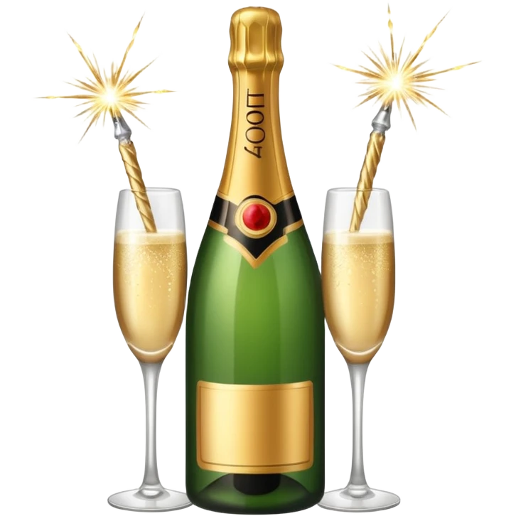 champagne bottle and champagne glasses and champagne sparklers on the bottle emoji