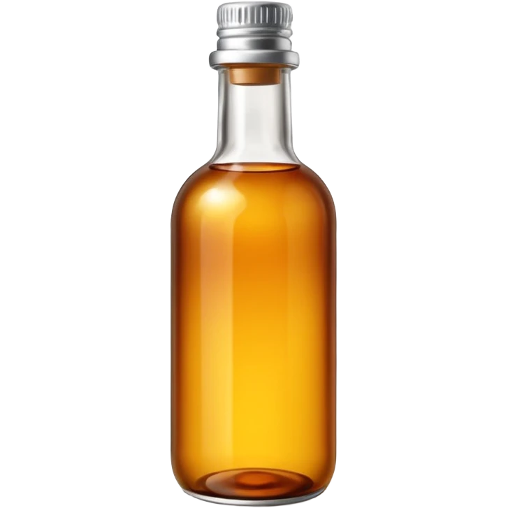 tall amber glass bottle with clean rounded shape and long neck, filled with warm golden-brown liquid, simple screw cap in silver or dark color, no label or branding, soft lighting, subtle shadows, emoji scale emoji
