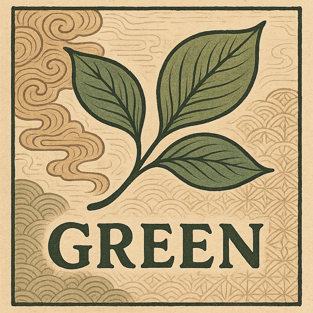 logo for a company called 'green', featuring stylized leaves and elegant Japanese-inspired design, company name incorporated emoji