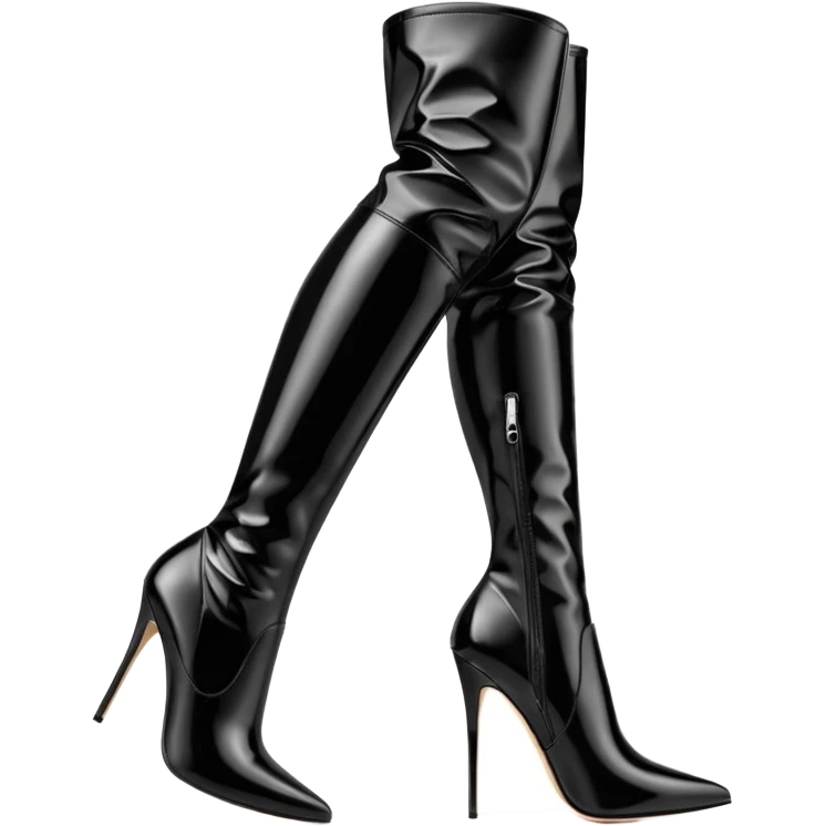 Black aesthetic wide-fit thigh-high boots, loose shaft, glossy patent leather, sharp stiletto heel, elegant silhouette, minimal background, soft studio lighting, luxury editorial style, dramatic shadows, ultra detailed. emoji