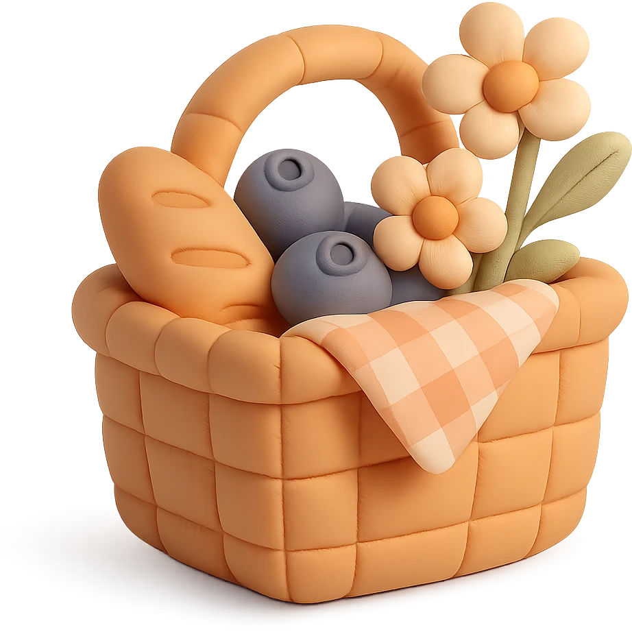 picnic basket with berries, bread, and flowers in warm pastel shades, cushion style emoji