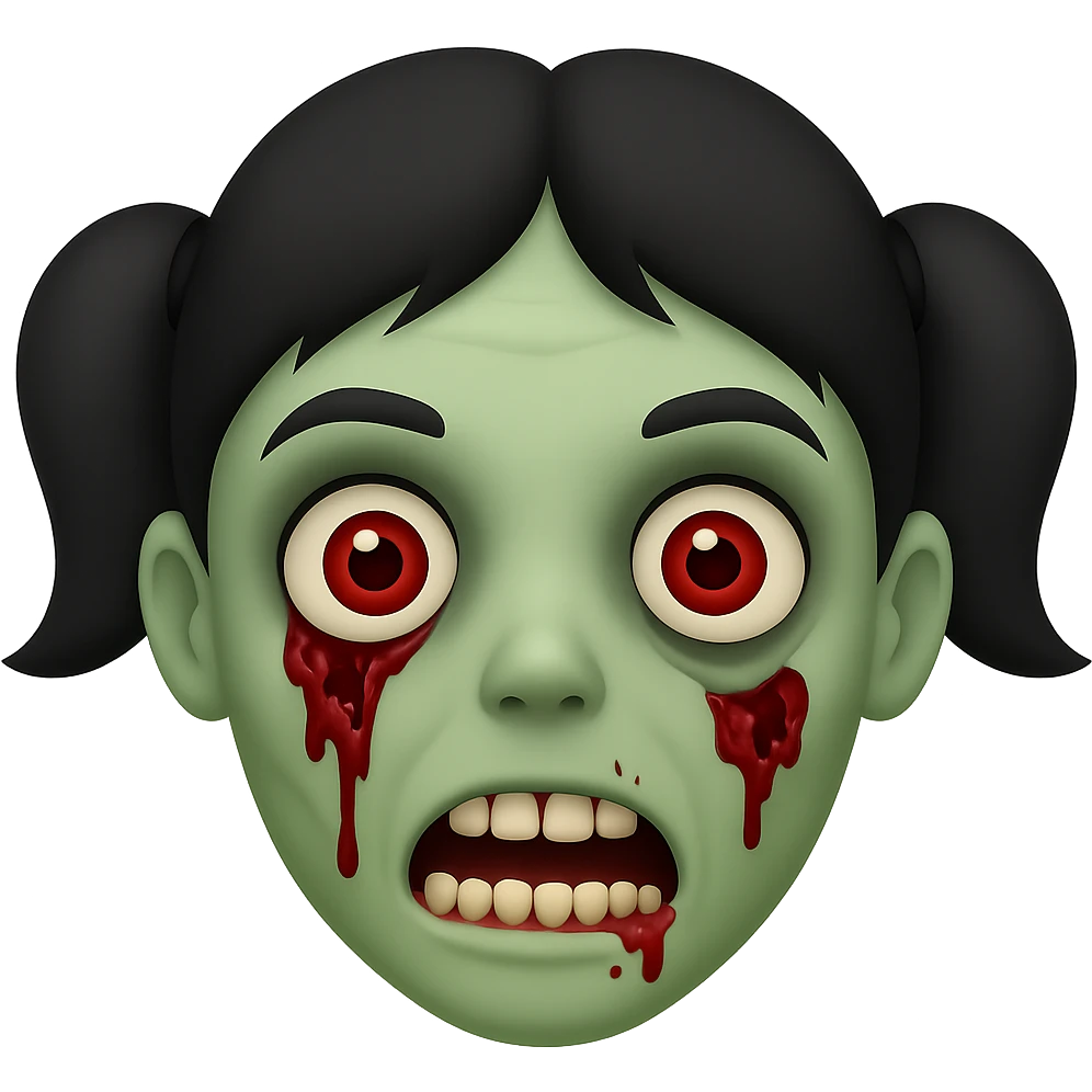 Create a zombie emoji with black hair styled in pigtails, in the style of Apple emojis. The emoji should have the typical zombie features with greenish skin and a spooky expression, combined with the distinct Apple emoji look and feel. emoji