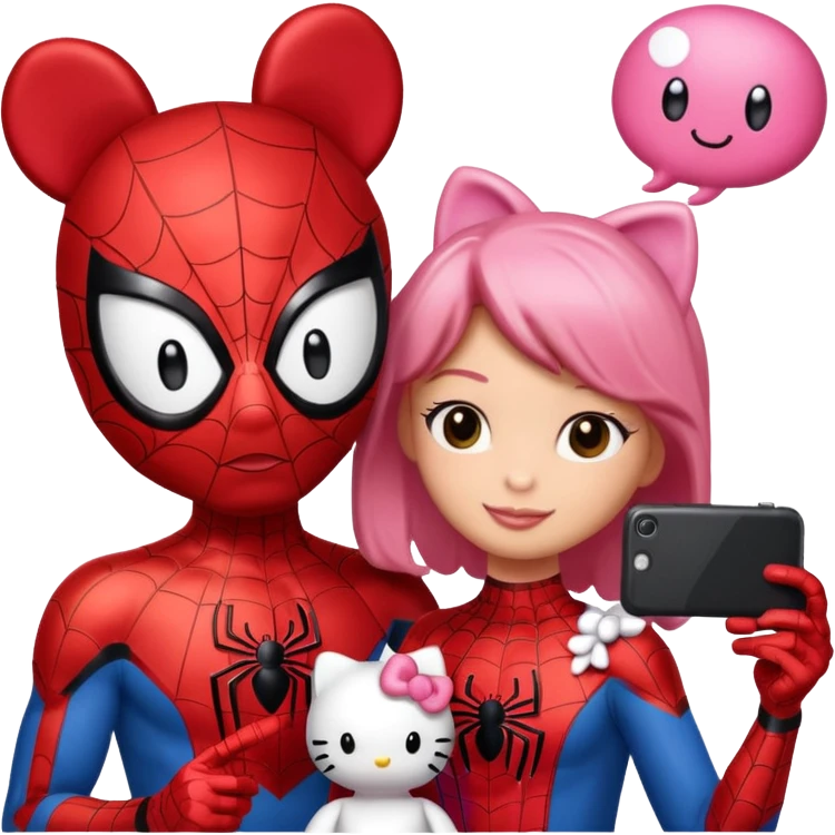 Spider man taking a selfie with hello kitty with the words “chelfie” in a thought bubble emoji