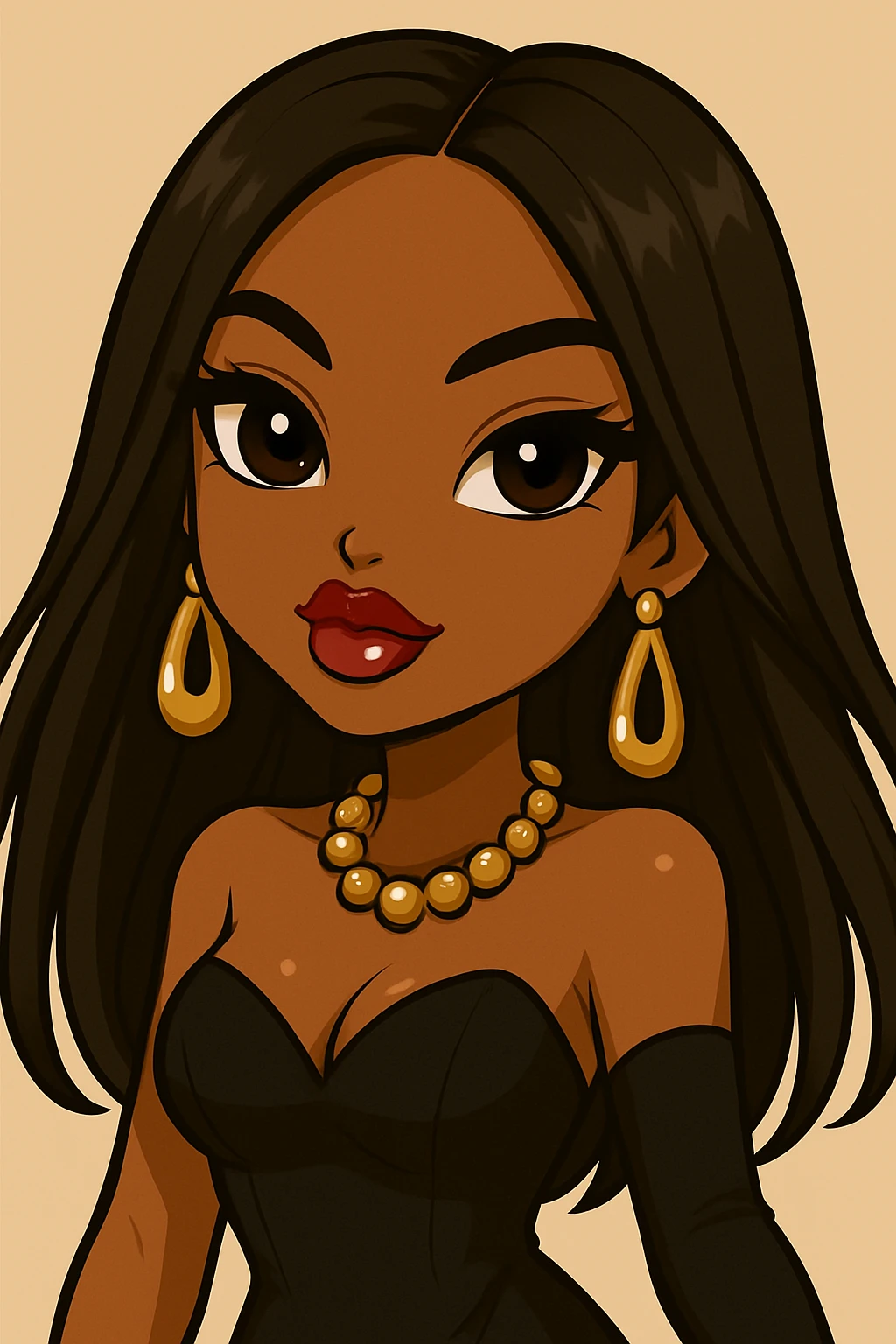 Remove the wink, keep both eyes open with a sassy attitude, headshot only, 20-year-old anime Bratz style woman with dark skin, straight hair, glamorous evening wear, big expressive eyes, glossy lips, no hat, no tears, confident and playful expression, in anime Bratz style. emoji
